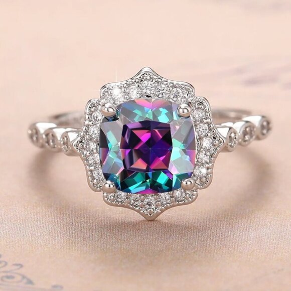 NEW 925 Sterling Silver Mystic Topaz Diamond Halo Cushion Cut Ring - Picture 2 of 5